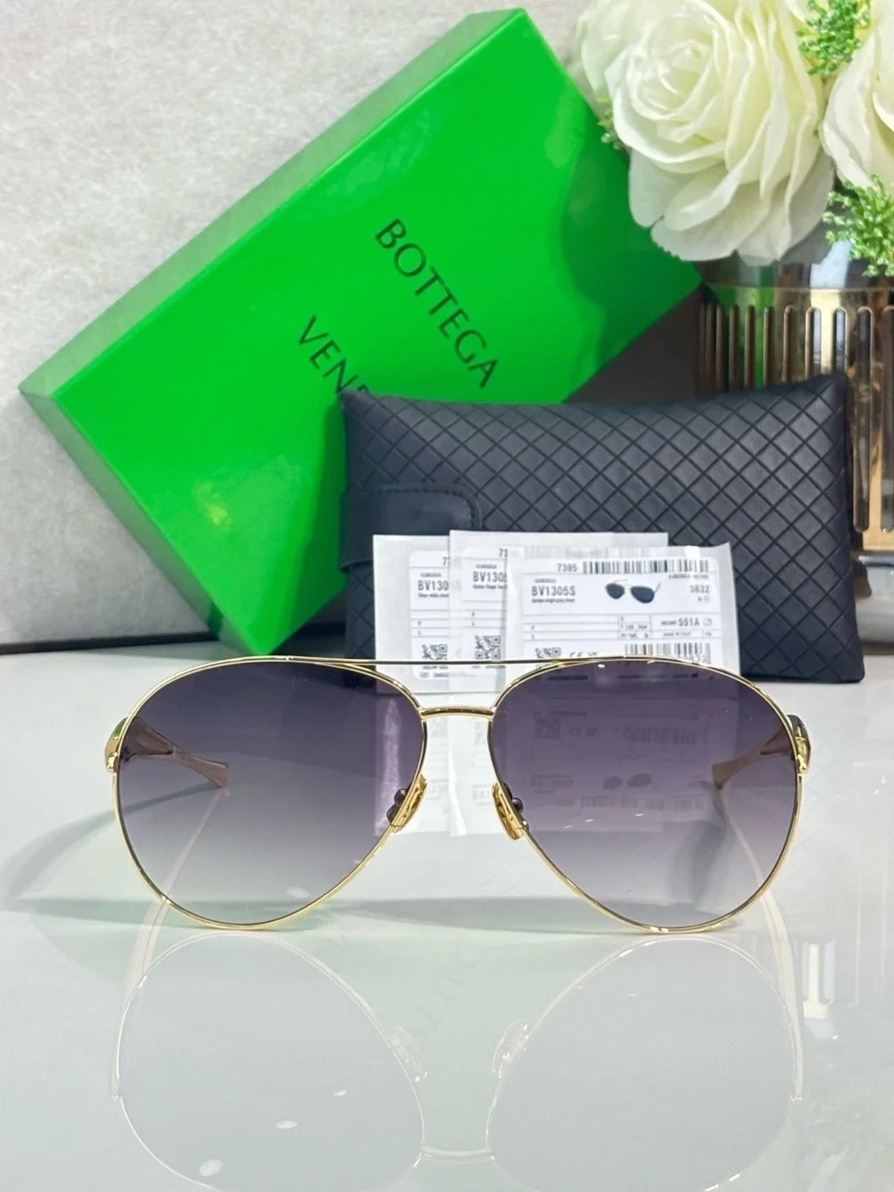 Bottega Veneta Gold Frame Sunglasses with Gradient Gray Lenses
